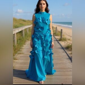 NWT Boutique Vibrant Blue Sleeveless 3D Floral Appliqués Maxi 8